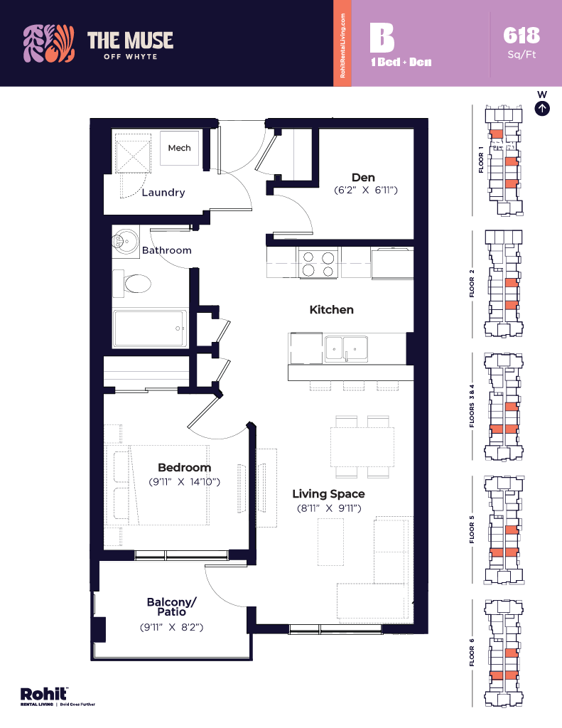 Floor plan for 1 bed, 1 bath, 618 sqft